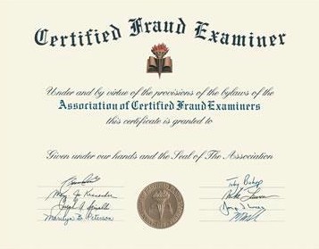 Certified Fraud Examiner certificate, issued by the Association of Certified Fraud Examiners